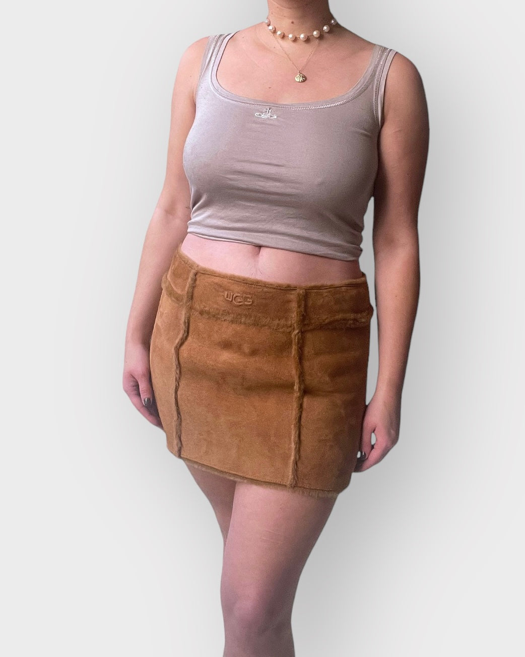2000s UGG Brown Suede and Shearling Mini Skirt, Mid-Rise (M)