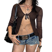 90s Whimsygoth Tie Front Mesh Top (XS/S)