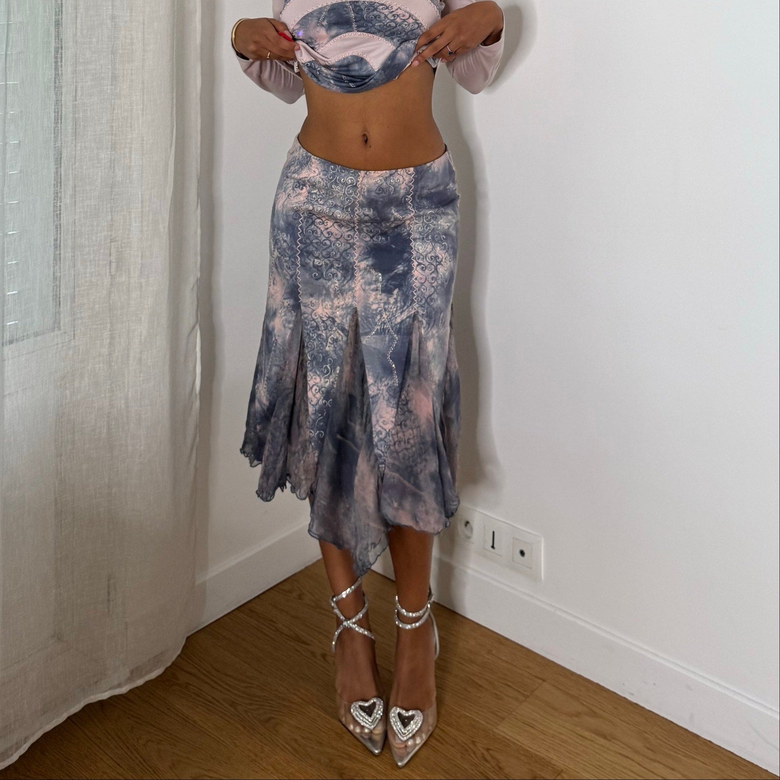 Italian vintage pink and blue 2 piece set with slinky long sleeve top and midi skirt