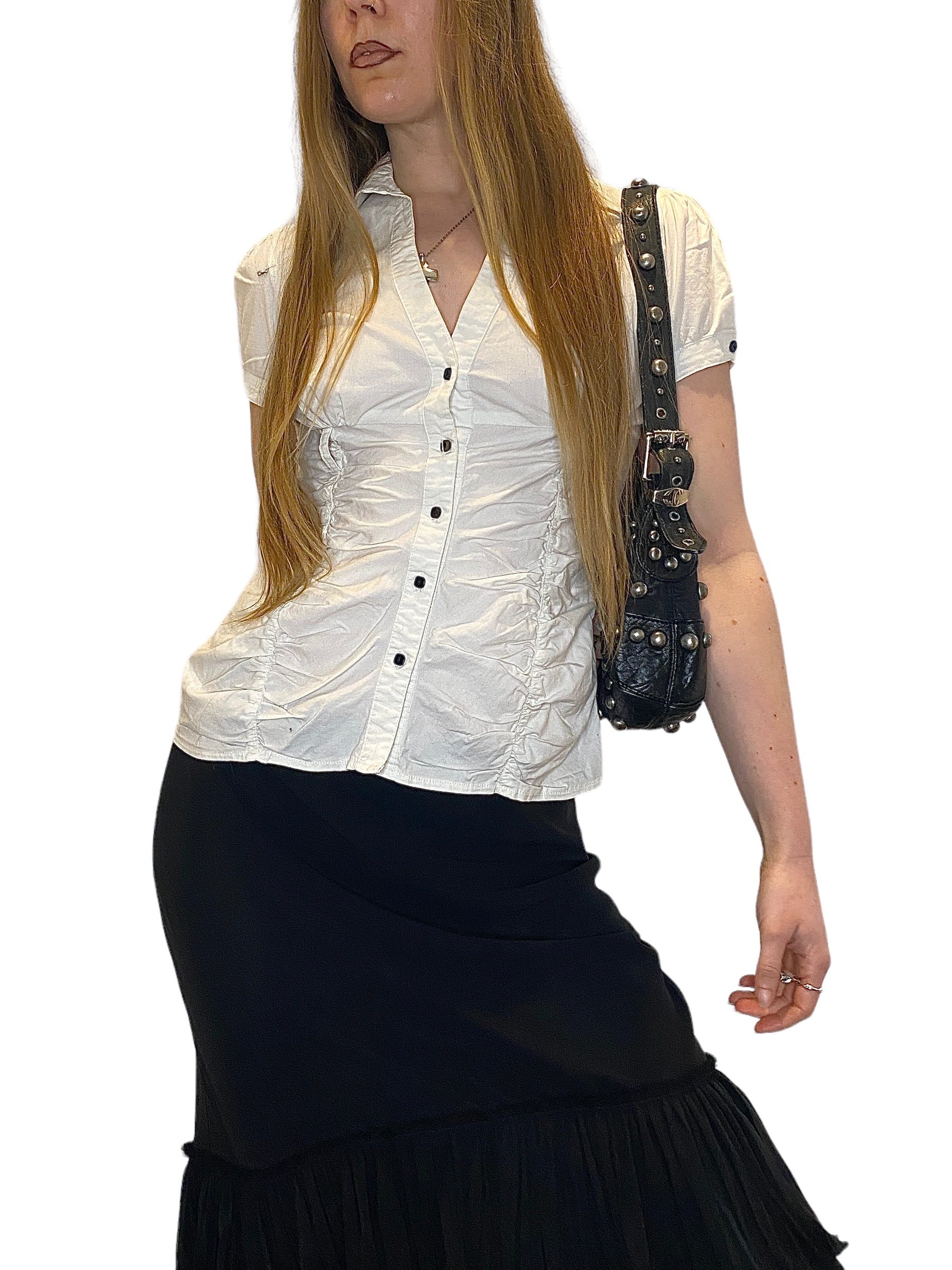 Y2K Ruched Capped Sleeve White Shirt (M)