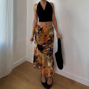 French Vintage Abstract Tribal Mesh Maxi Skirt (S) ⠀