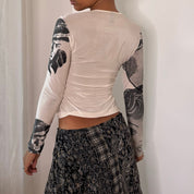 E-Play Italian Vintage White Black Red Pop Art Graphic Slinky Long Sleeve Top
