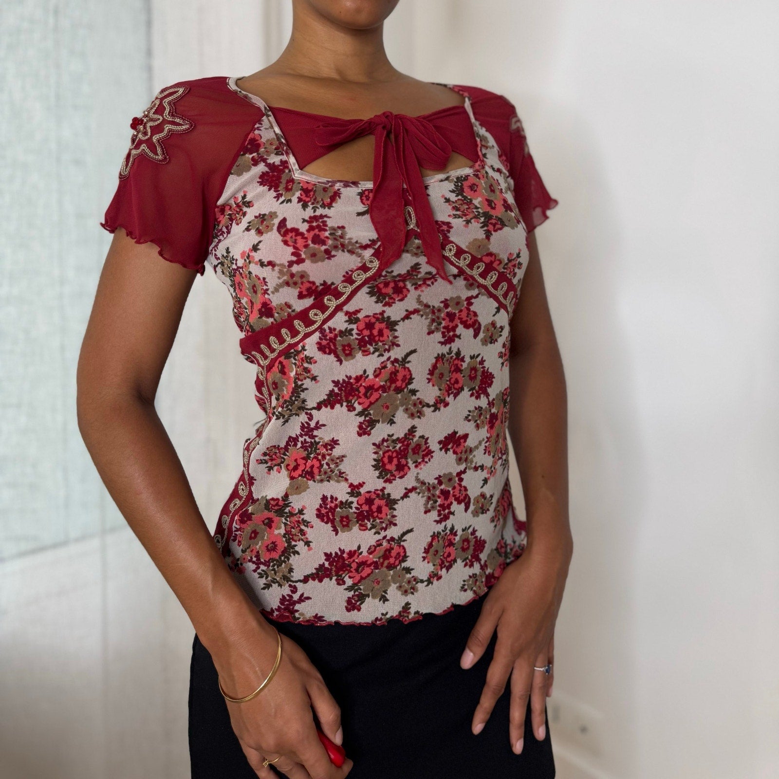 Italian vintage burgundy floral mesh top with beaded sleeves