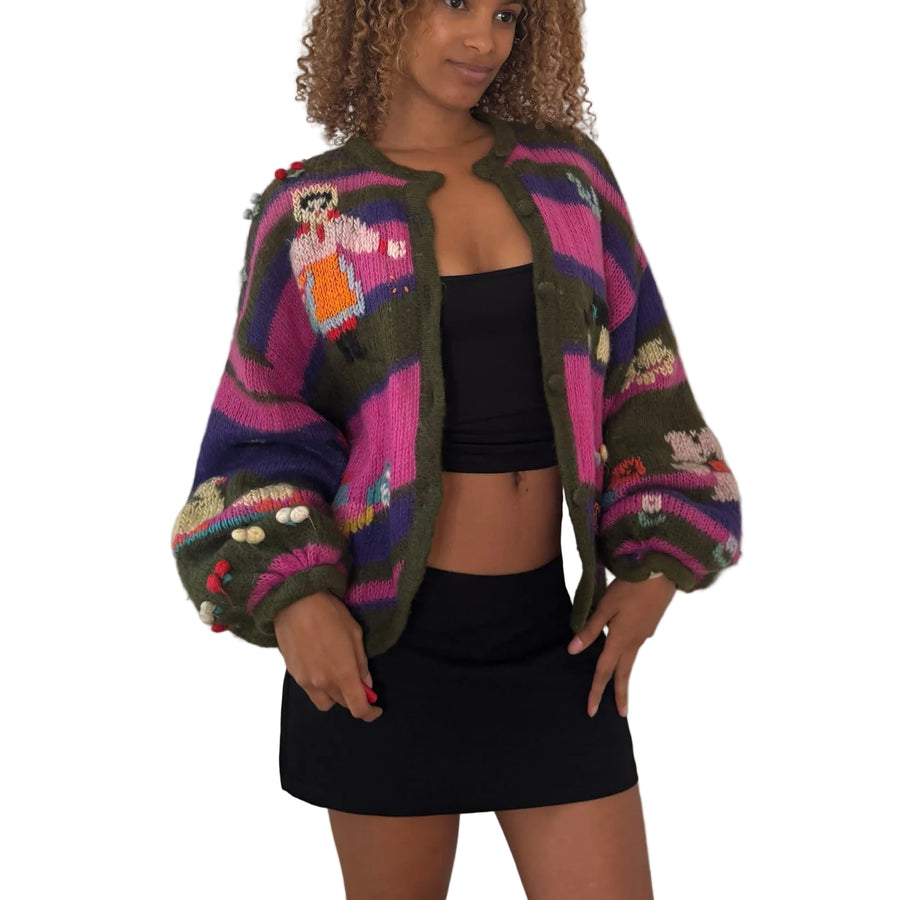 90s vintage multicolor striped chunky knit cardigan with playful figurative motifs, balloon sleeves & oversized fit