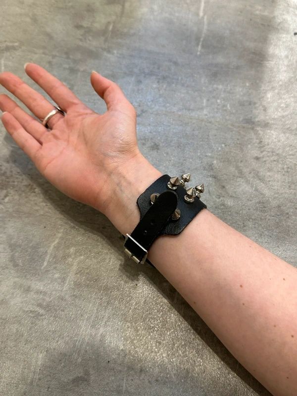 Black Leather Spike Studded Wrap Adjustable Bracelet (adjustable)