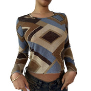 Vintage Brown Blue Geometric Glitter Mesh Top (S) ⠀