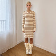 Vintage Beige Cream Striped Hooded Knit Dress (S)