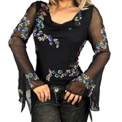90s Beaded Silk Bell Sleeve Blouse (L)