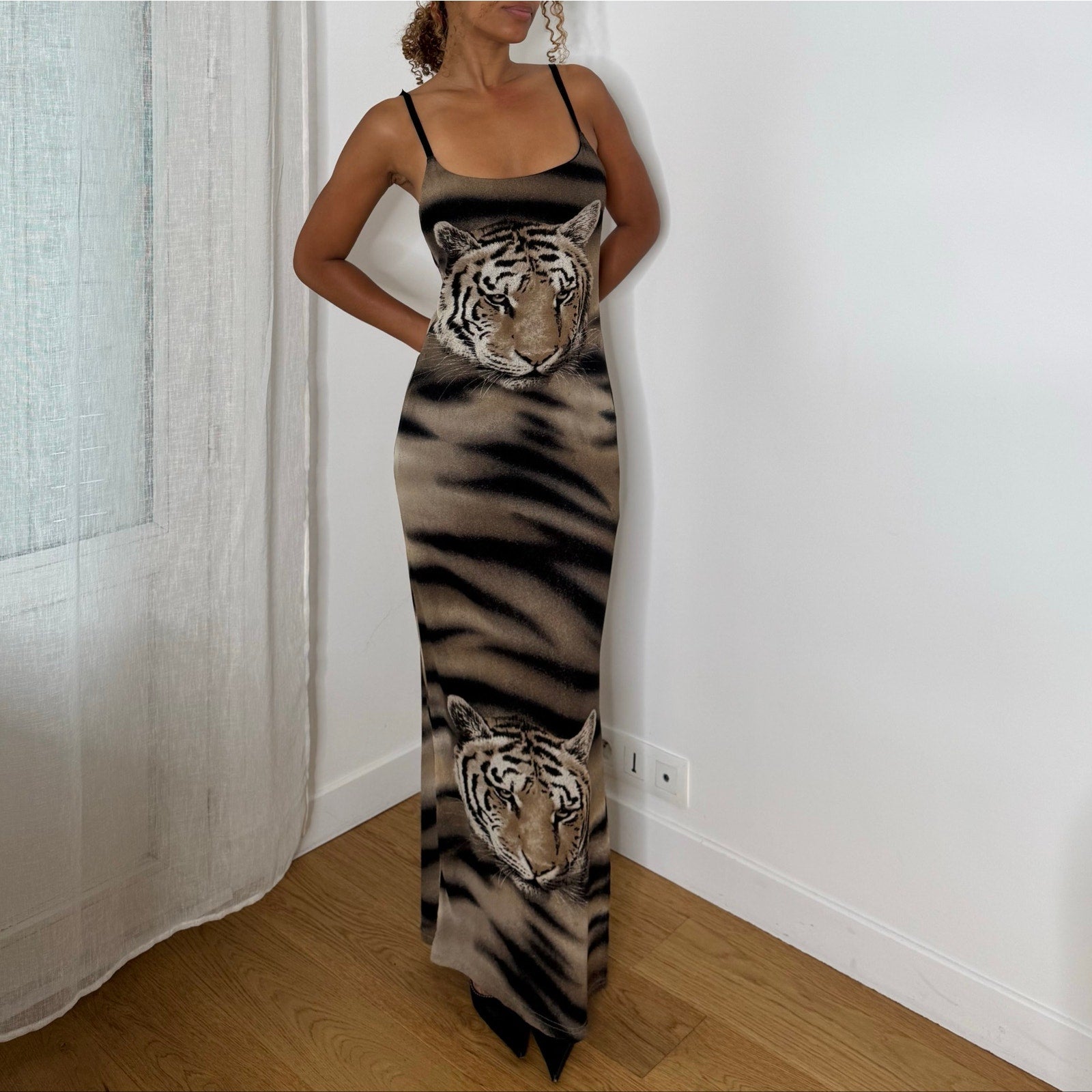 Italian Vintage Tiger Print Mesh Bodycon Maxi Dress (S/M)