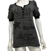Vintage Cache Cache Stripe Henley Button Top with Graphic Print detail (M)