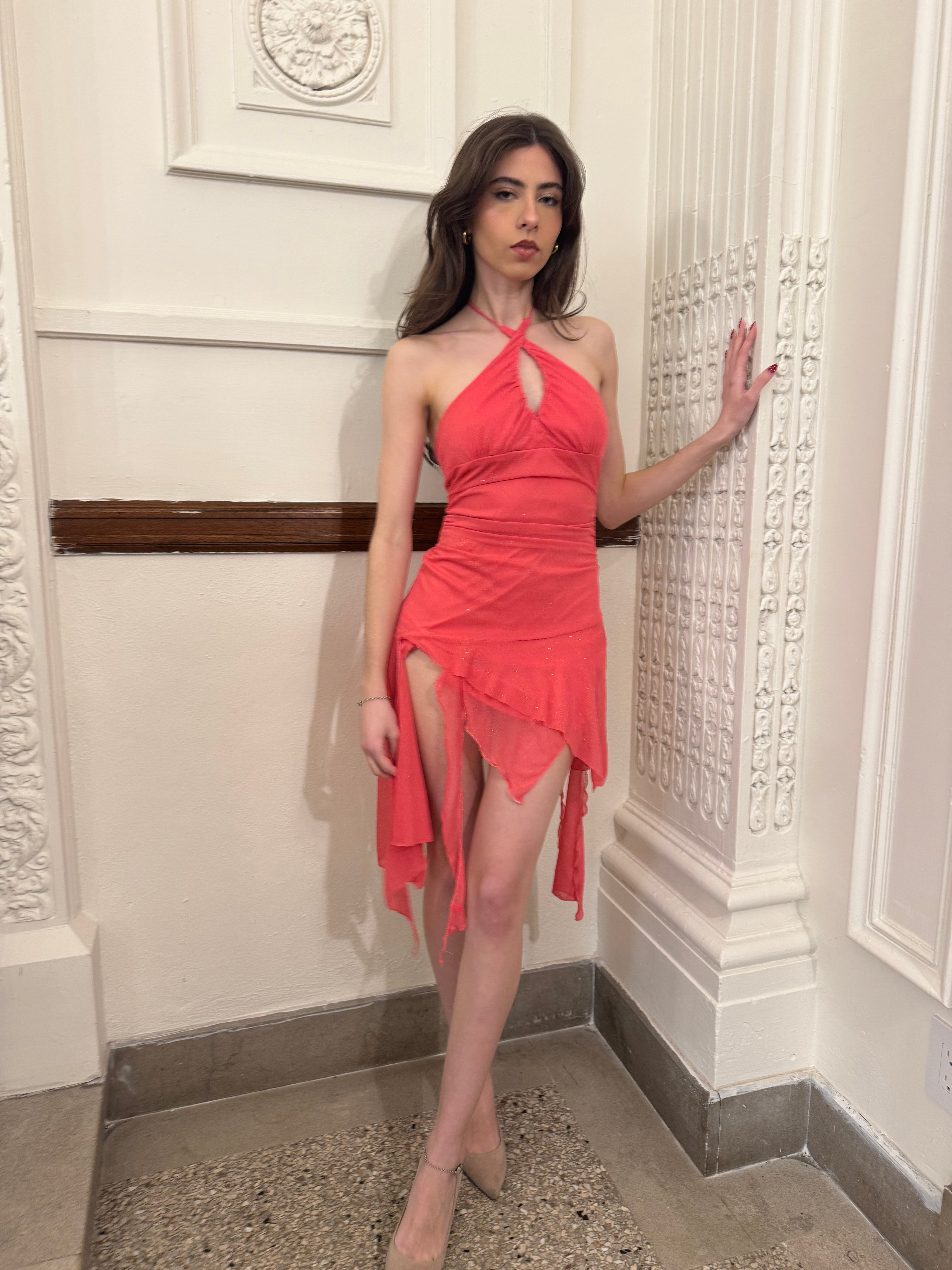 Coral Halter Mini Dress (XS)