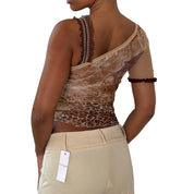 Shirt Passion Italian vintage Y2K cream & brown asymmetrical mesh top with embroidered floral appliqués, leopard print back & one shoulder detail