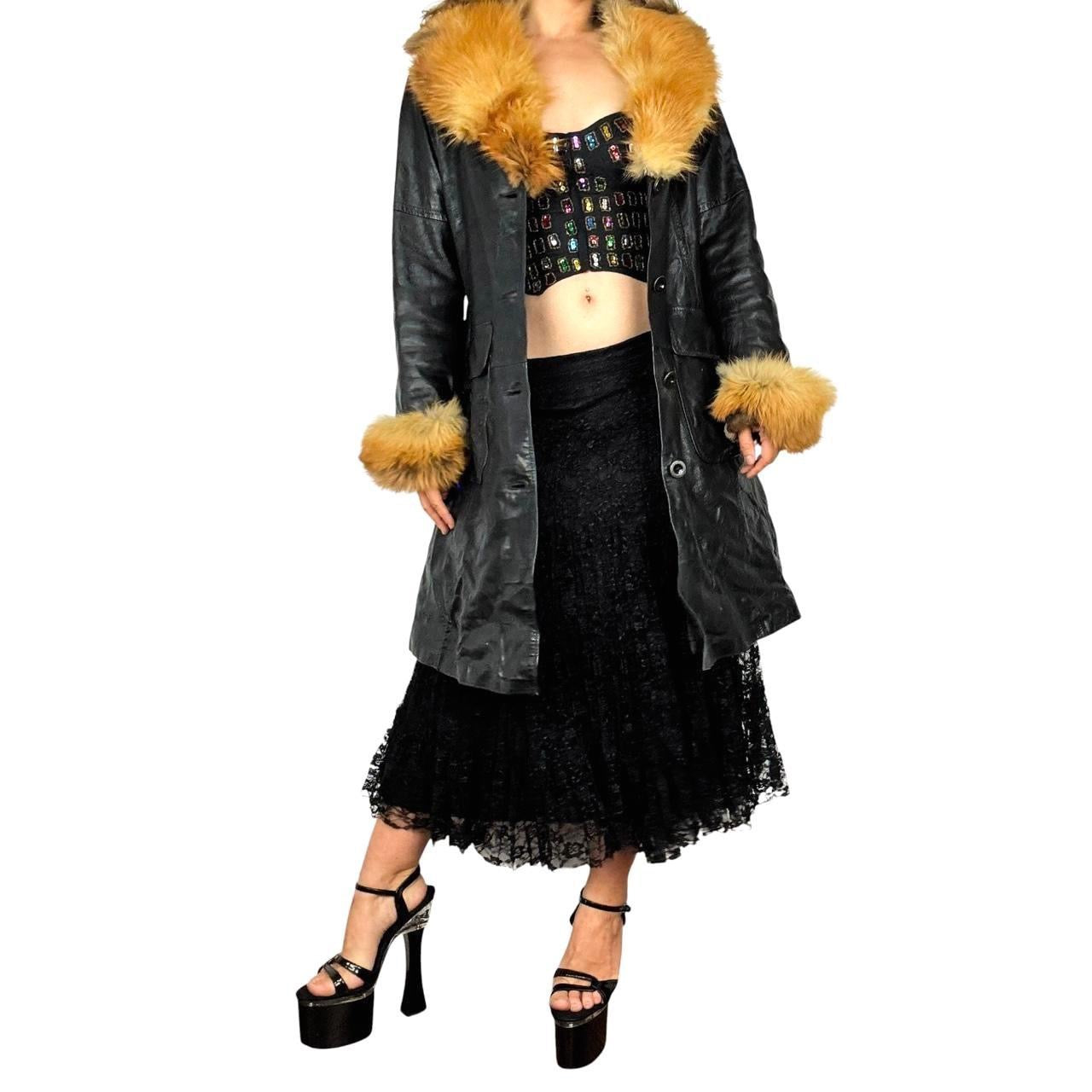Vintage Genuine Fox Fur Trim Leather Trench Coat (L/XL)