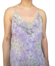 1990s Lavender & Lime Silk Chiffon Dress with Asymmetrical Ruffled Hem (M)