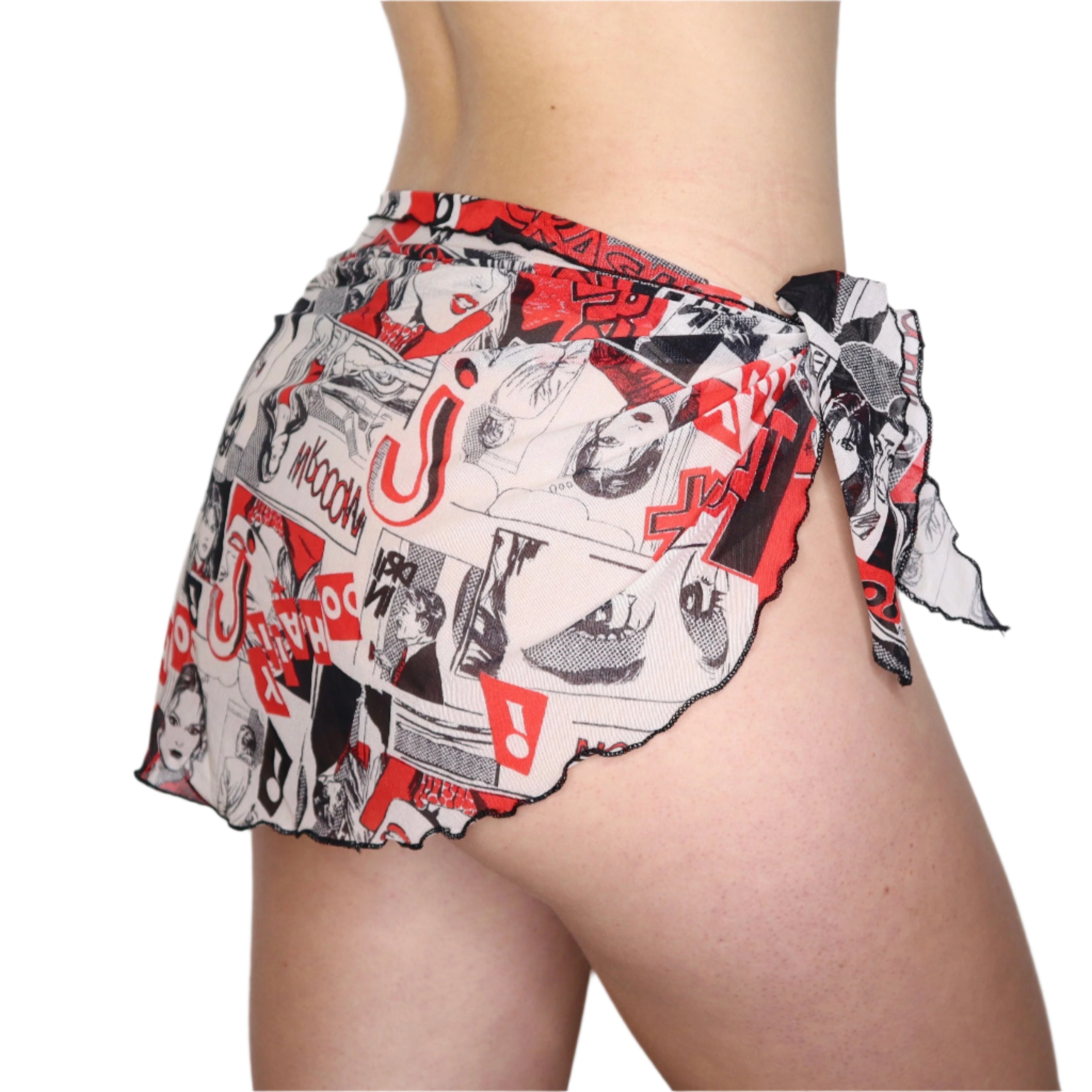 Y2K Comic Print Mesh Sarong Wrap Skirt (S)