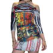 Vintage Save The Queen! Graphic Print Off the Shoulder Dress (S)