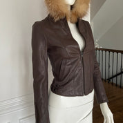 Fitted Brown Leather Jacket with Fur Hood (XS)