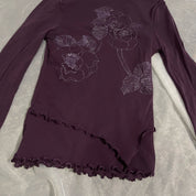 00s Purple mesh asymmetrical Fitted Blouse with bell sleeves (XS/S)