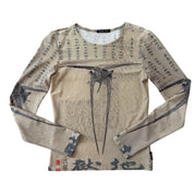 Y2K micromesh Chinese graphic longsleeve top (S)