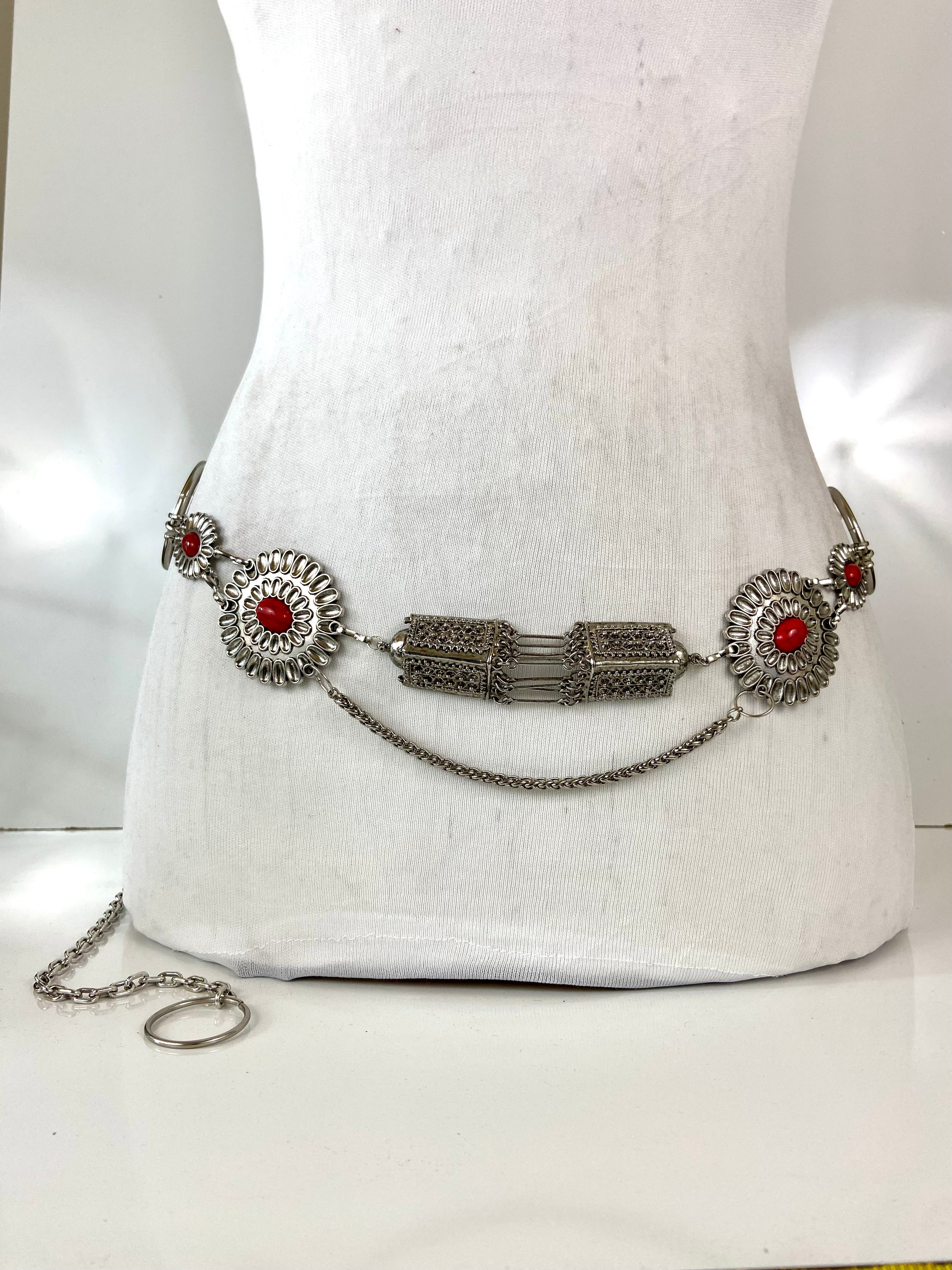 Silver red tone waist belt