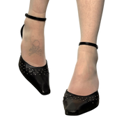 Vintage Black Leather Studded Pointed Toe Kitten Heels (US 7)