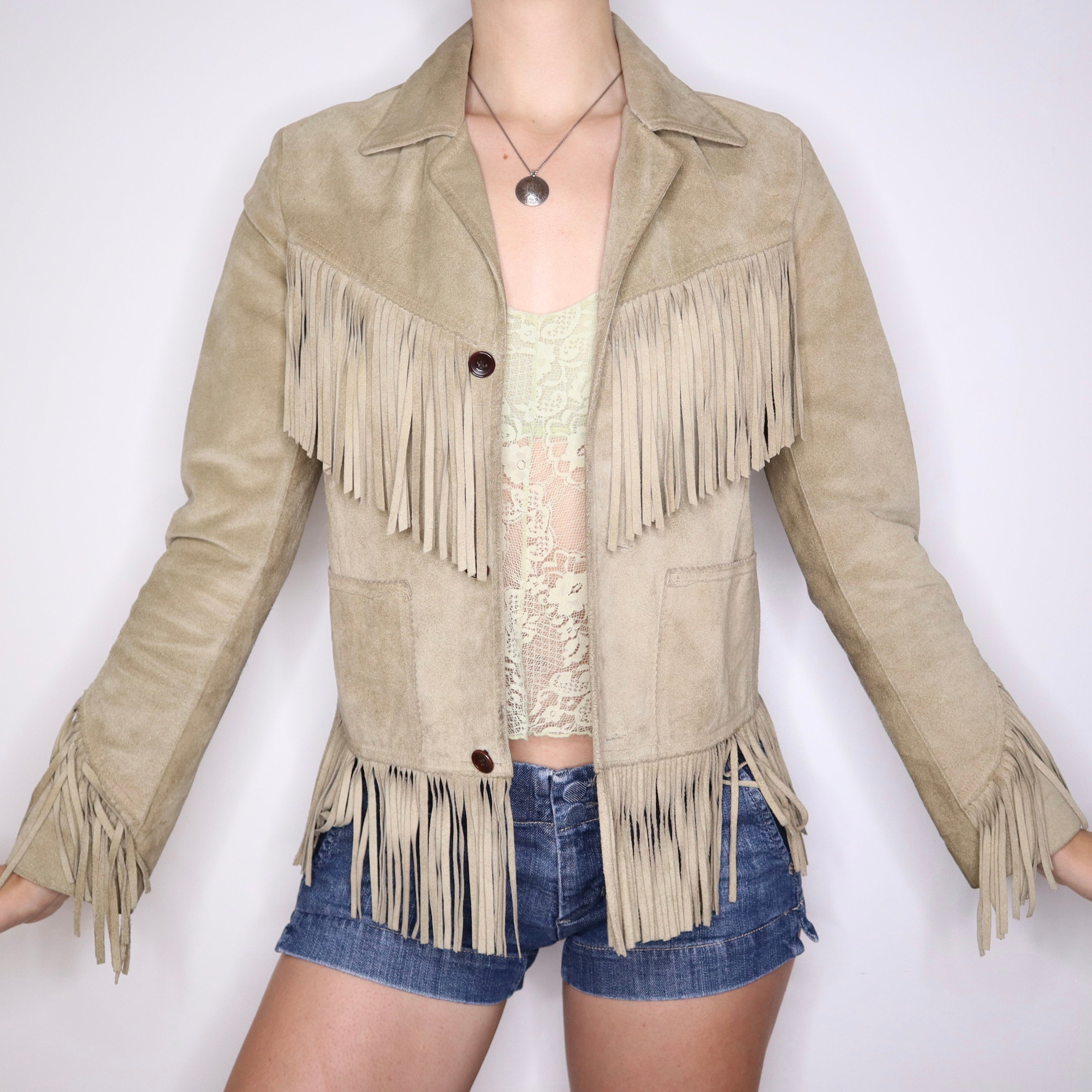 90s Western Tan Suede Fringe Jacket (S)