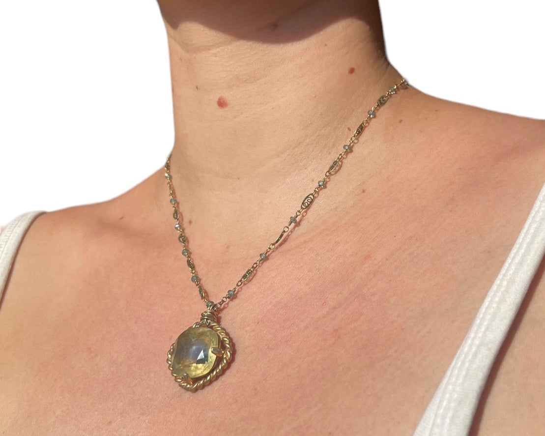 Vintage Tourmaline Necklace on Beaded Brass Chain