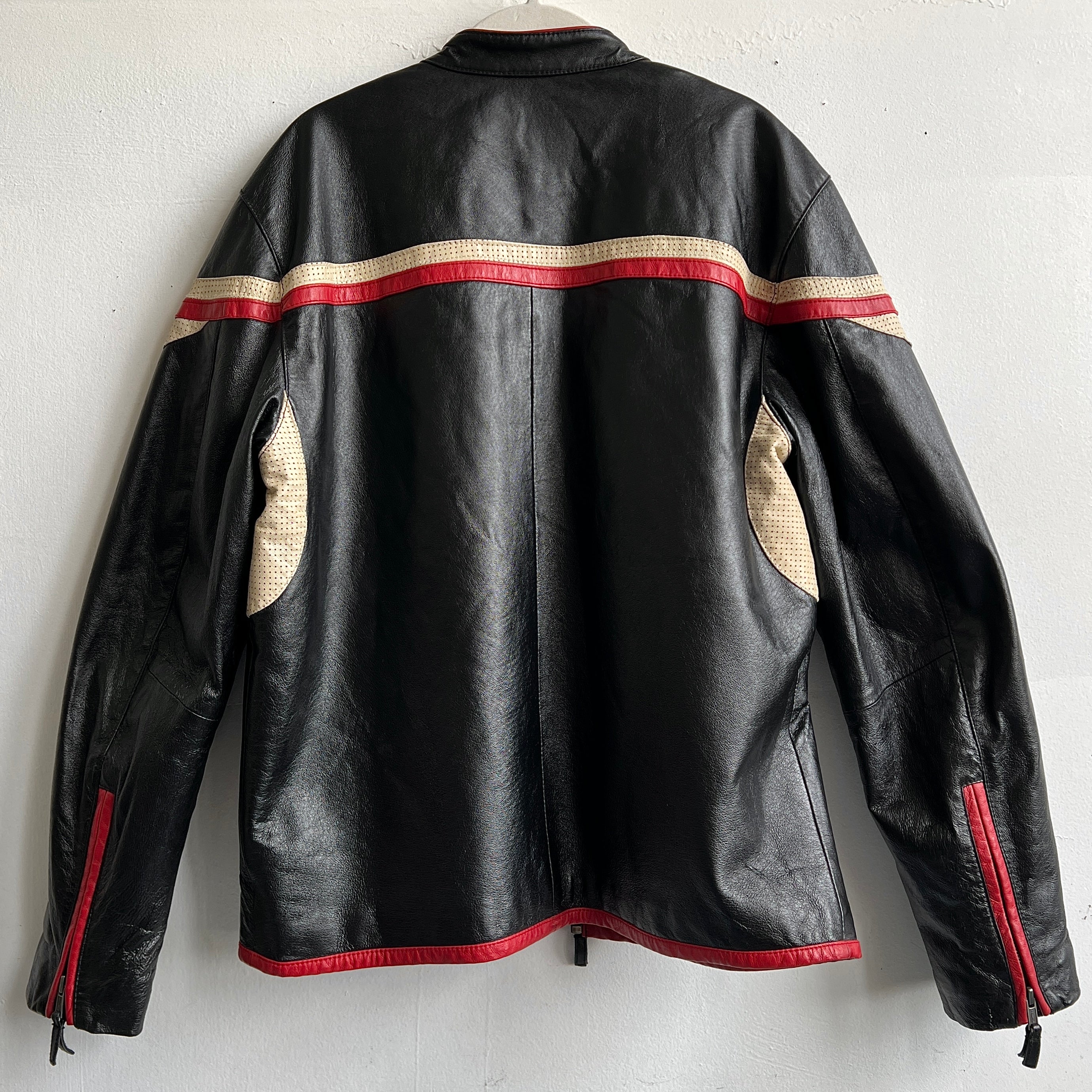 90s black leather stripe moto jacket - L/XL