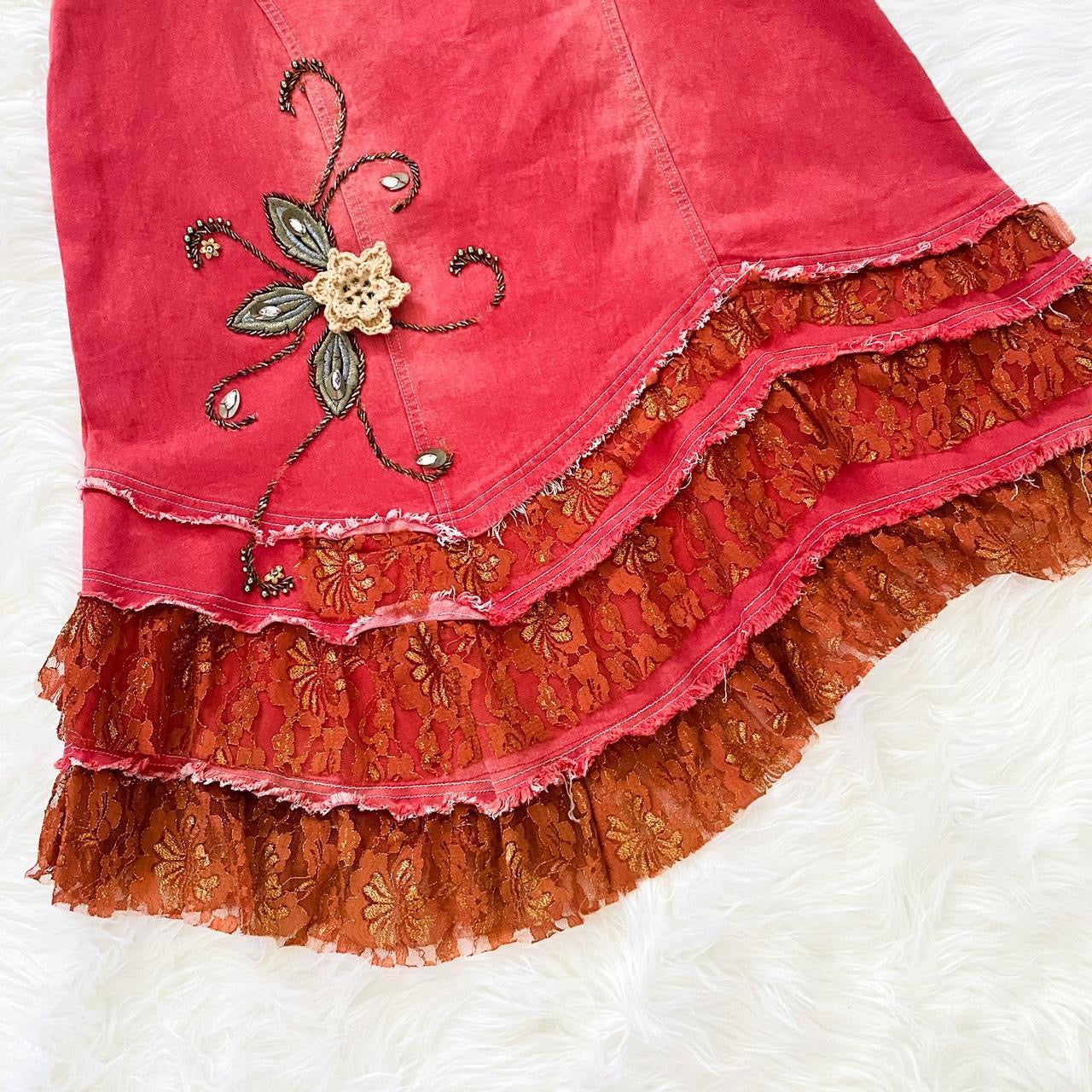 2000s Lacy Red Denim Skirt (XL)