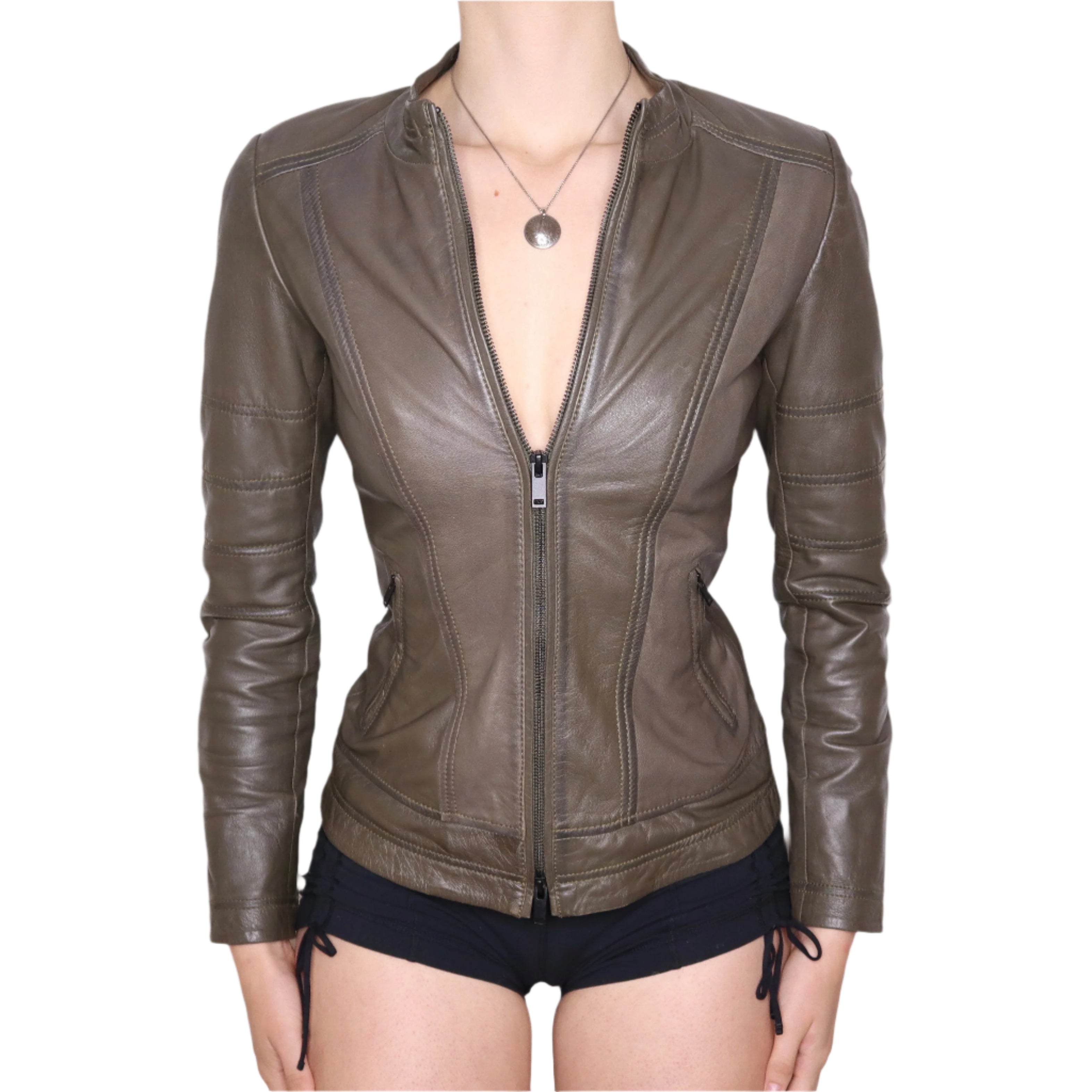 Y2K Sexy Brown Leather Moto Jacket (XS)