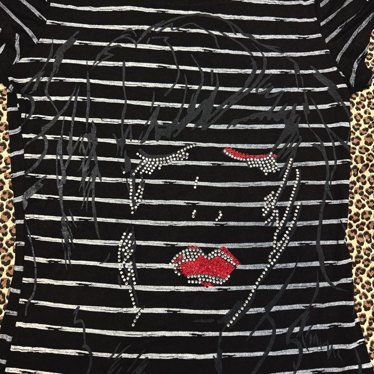 Euro Y2K Rhinestone Portrait Graphic Striped Baby Tee (S/M)