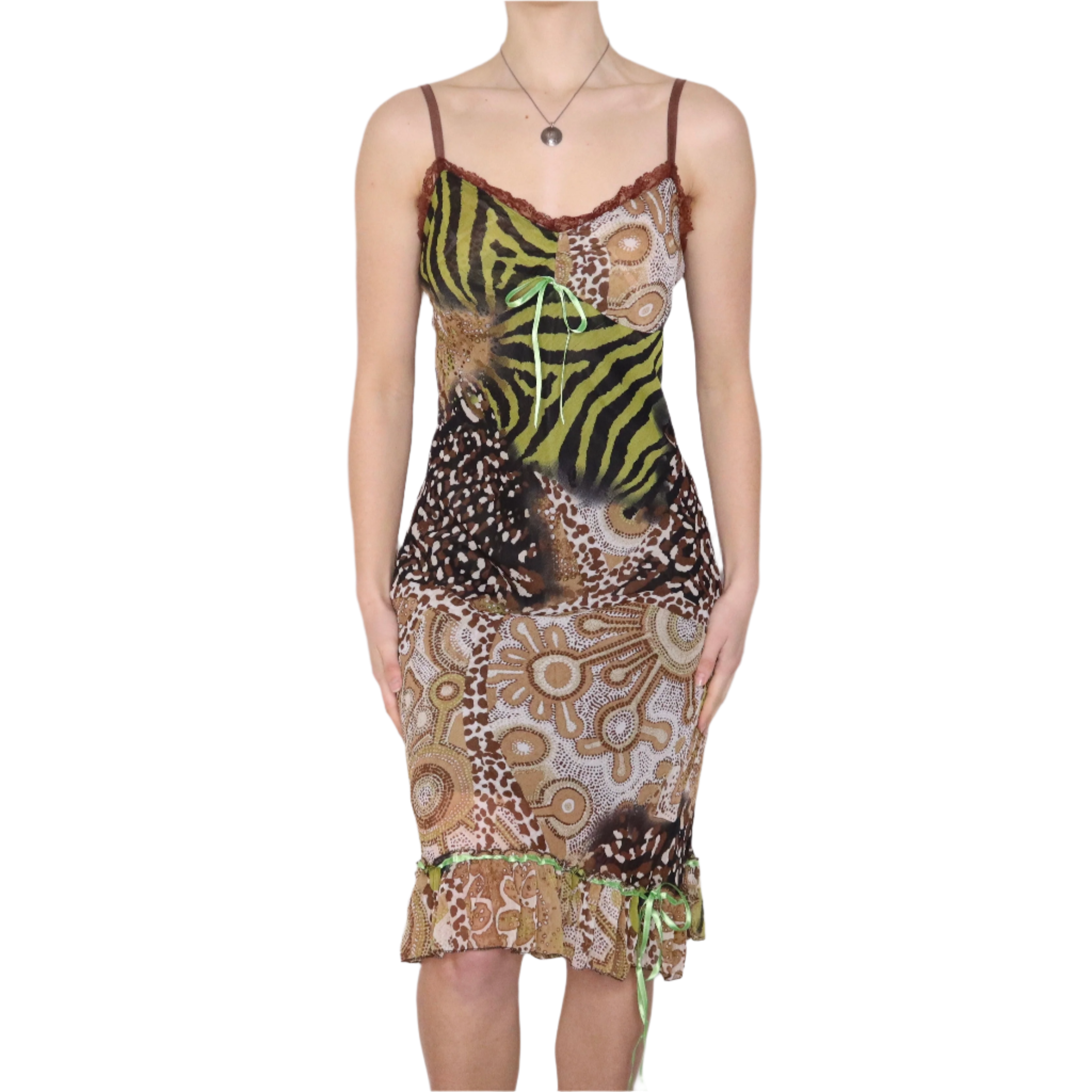 Y2K Patchwork Chiffon Midi Dress (M)