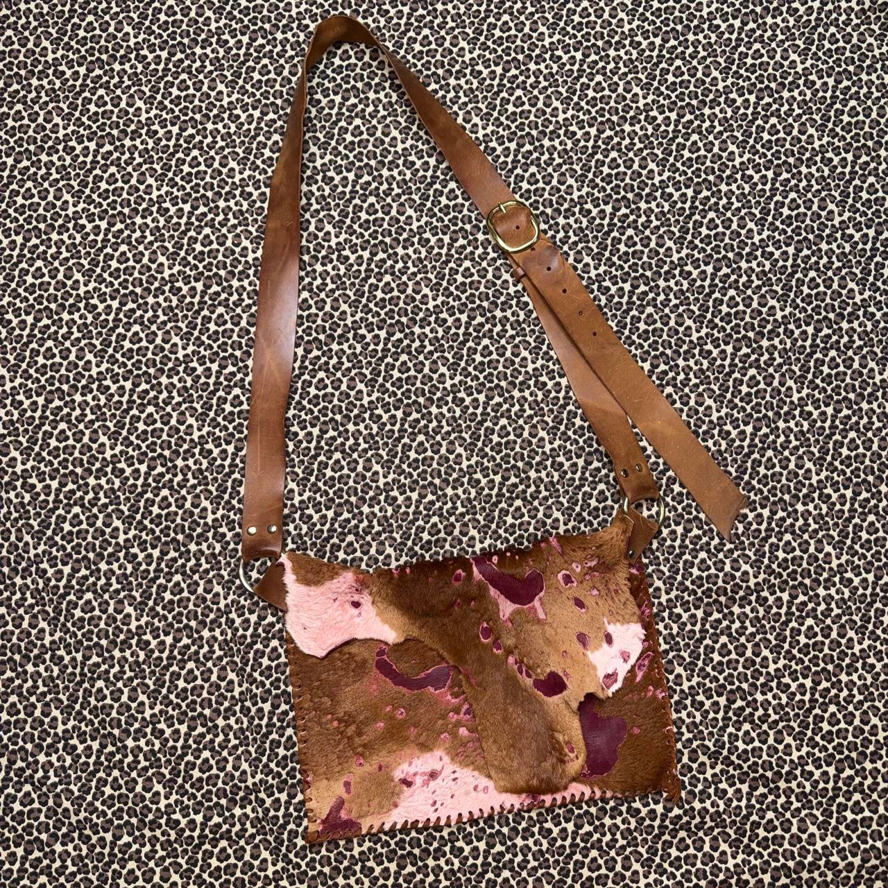 Brown & Burgundy Raw Leather Cowhide Satchel Bag