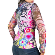 90s Psychedelic Floral Mesh Sleeve Top (L)