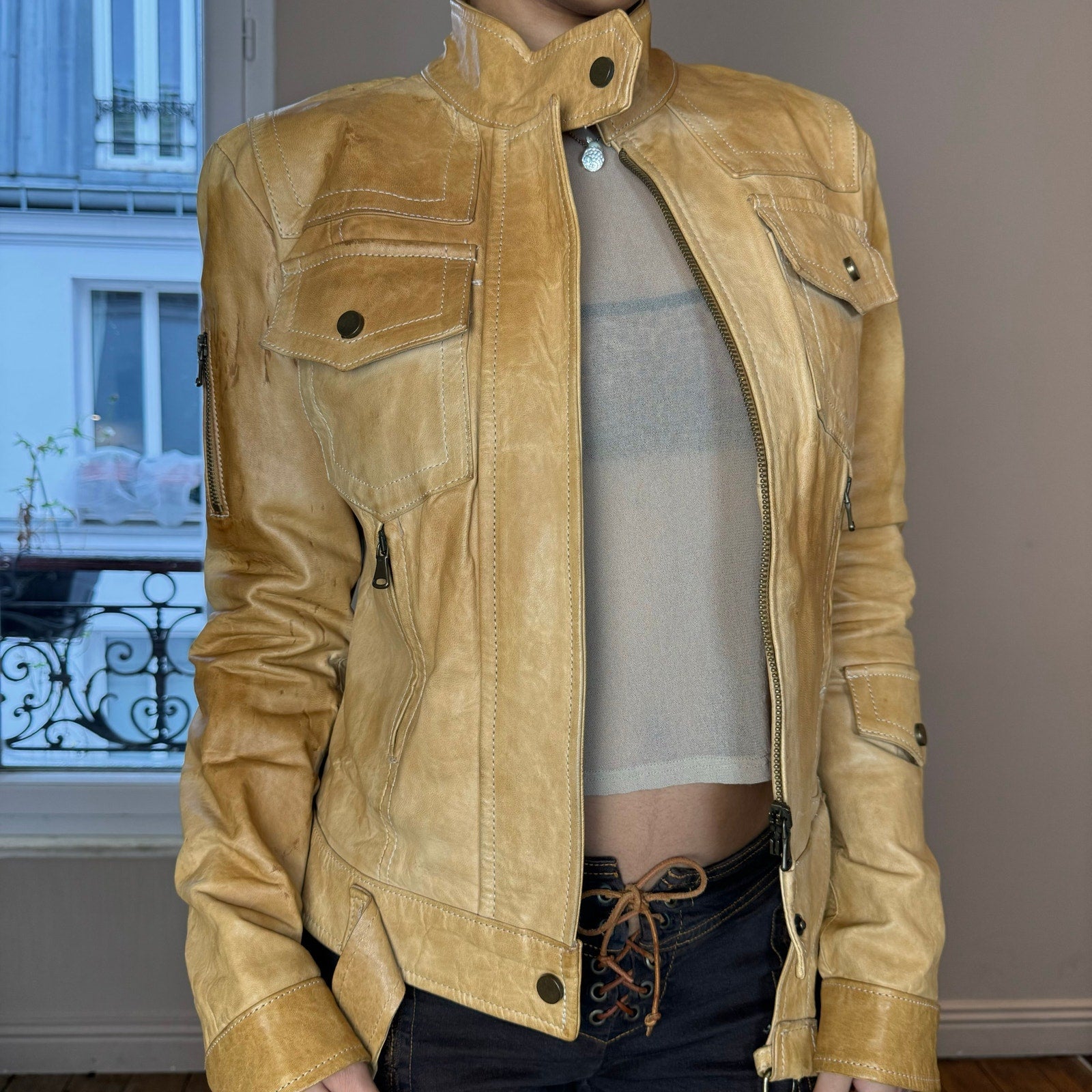 Vintage 90s Belted Fitted Camel Tan Leather Moto Jacket (S)