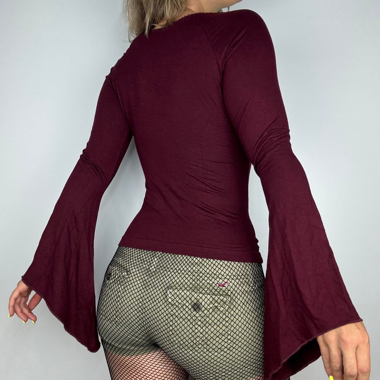 Euro Vintage Burgundy Bell Sleeve Patchwork Accent Top (S)