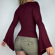 Euro Vintage Burgundy Bell Sleeve Patchwork Accent Top (S)