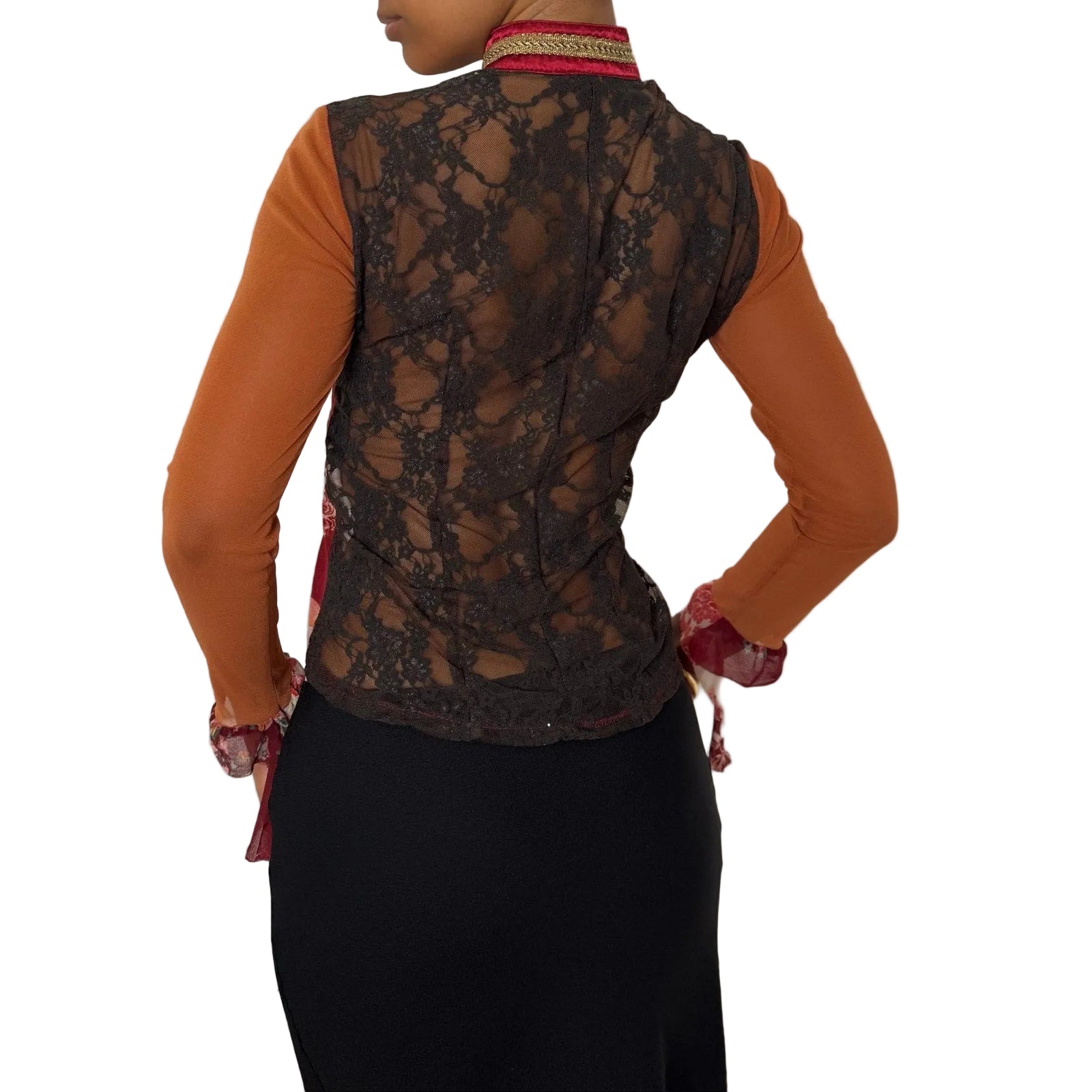 Rare Italian vintage red orange graphic print semi-sheer mesh top with sequin