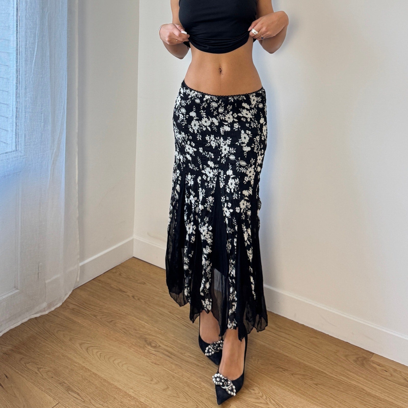Italian Vintage Black Floral Mesh Midi Skirt (S)