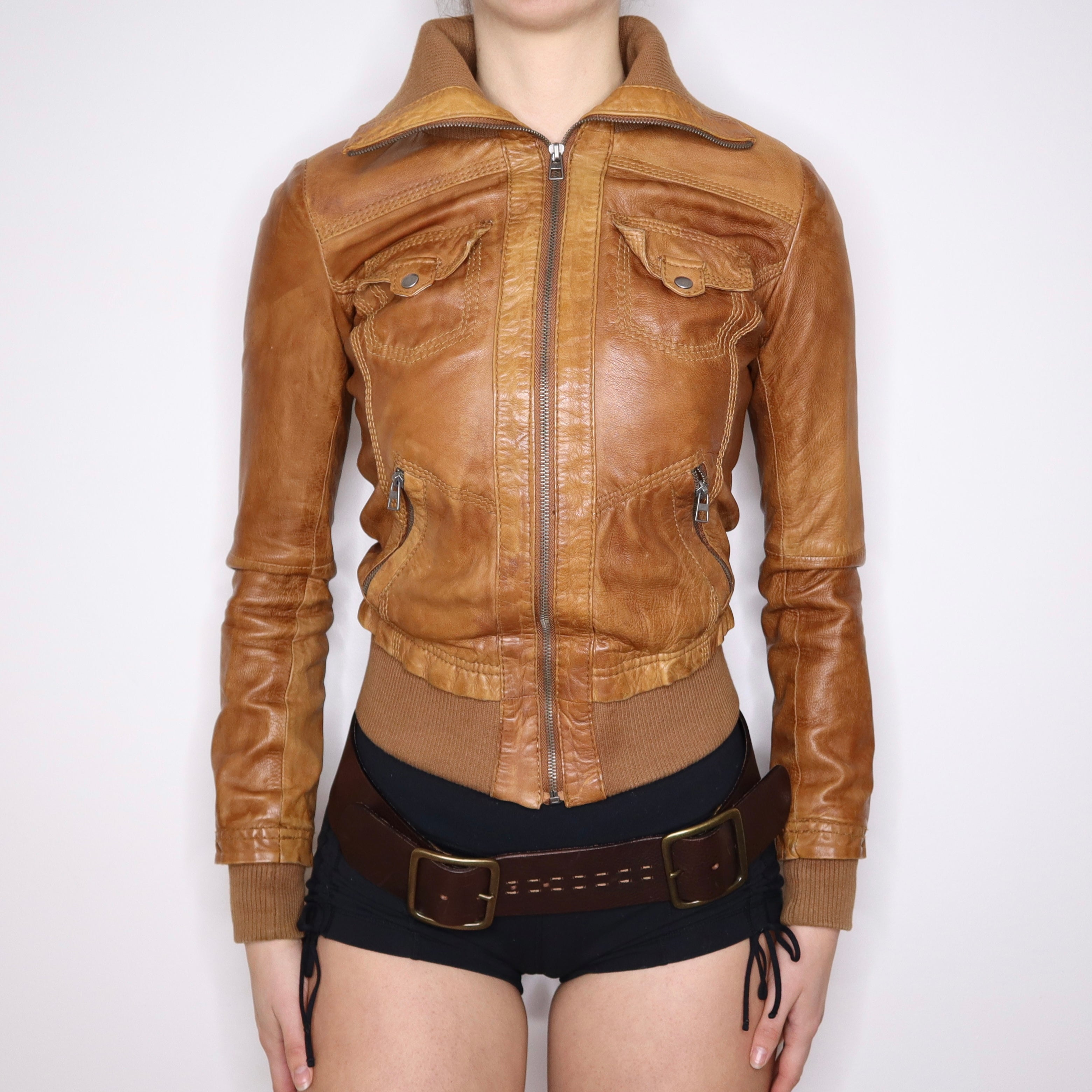 ジャケット・アウター 00s y2k BUFFALOBOBS leather jacket gold Y2K Sexy Brown Leather Moto Jacket (XS) – Holy Thrift
