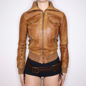 Y2K Sexy Brown Leather Moto Jacket (XS) 