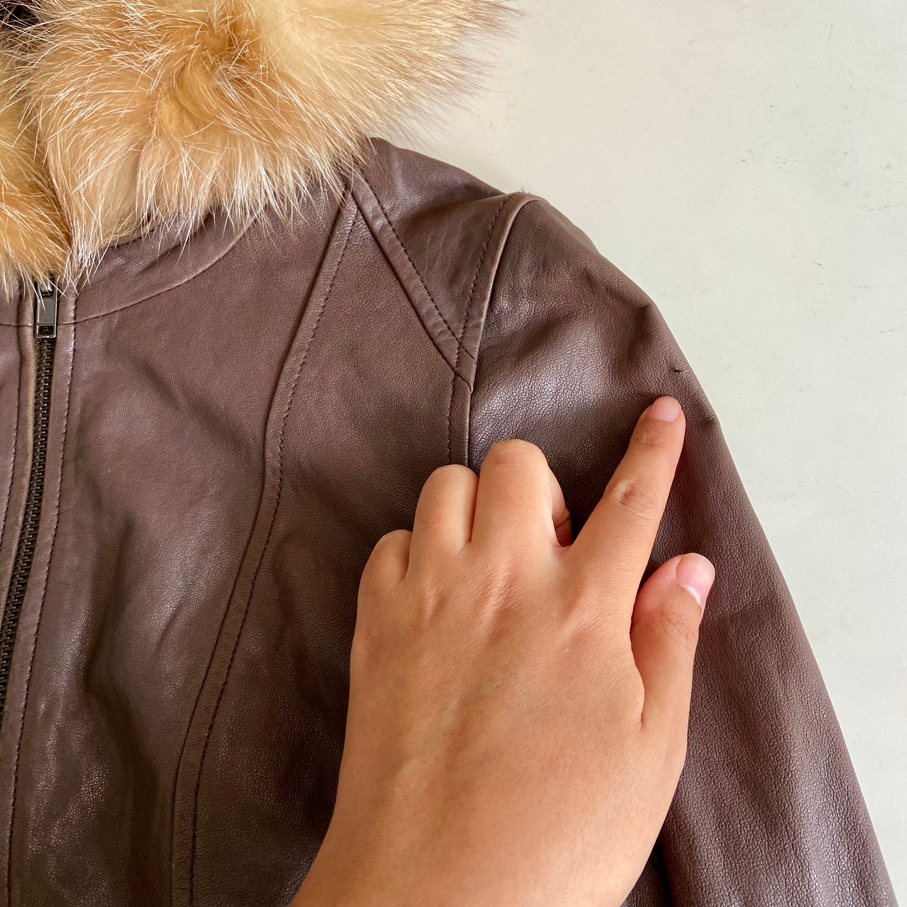 Fitted Brown Leather Jacket with Fur Hood (XS)