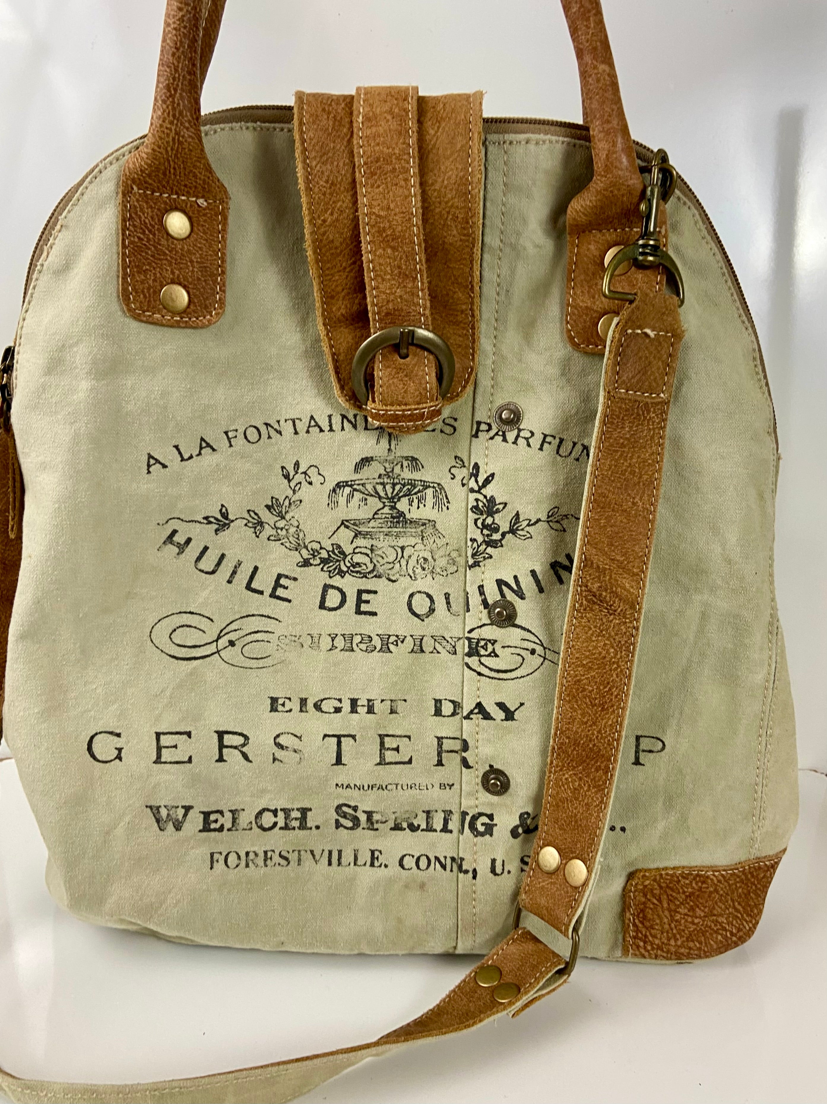 Myra Bag Upcycled Gerster Shoulder Bag Leather Canvas Accents Crossbody Strap