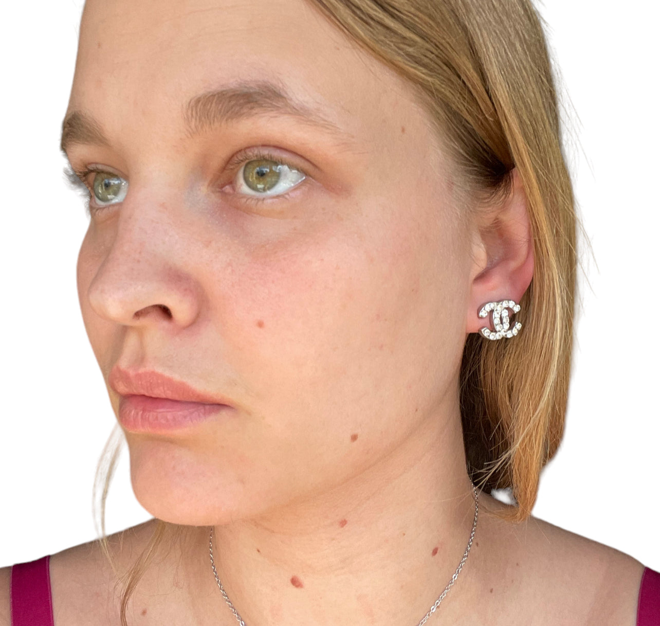 Silver Interlocking Cs Studs with Crystals, No Label