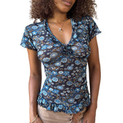 Denny Rose Blue Floral Mesh Ruffle Top (XS/S)