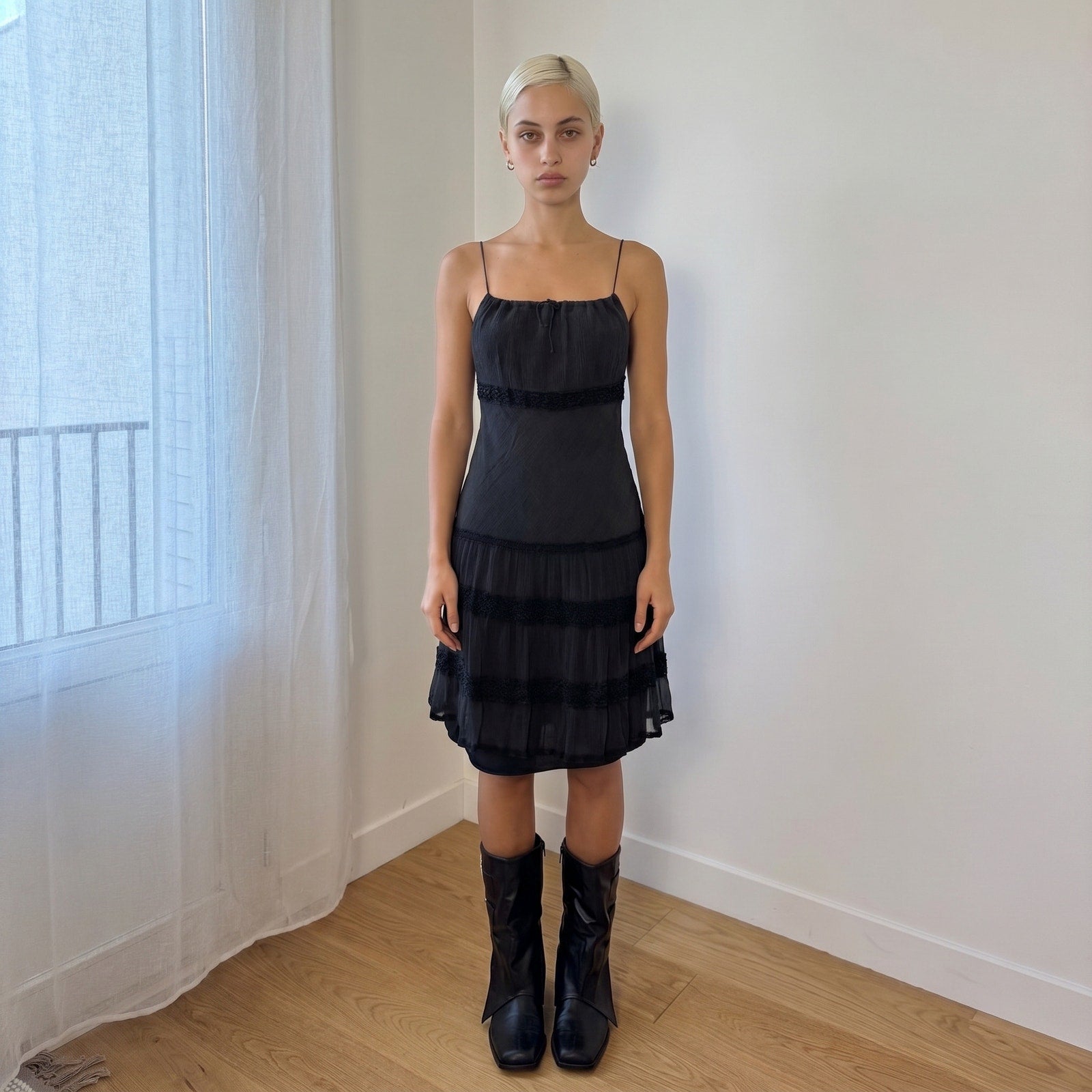 Vintage Black Silk Tiered Slip Dress (S) ⠀