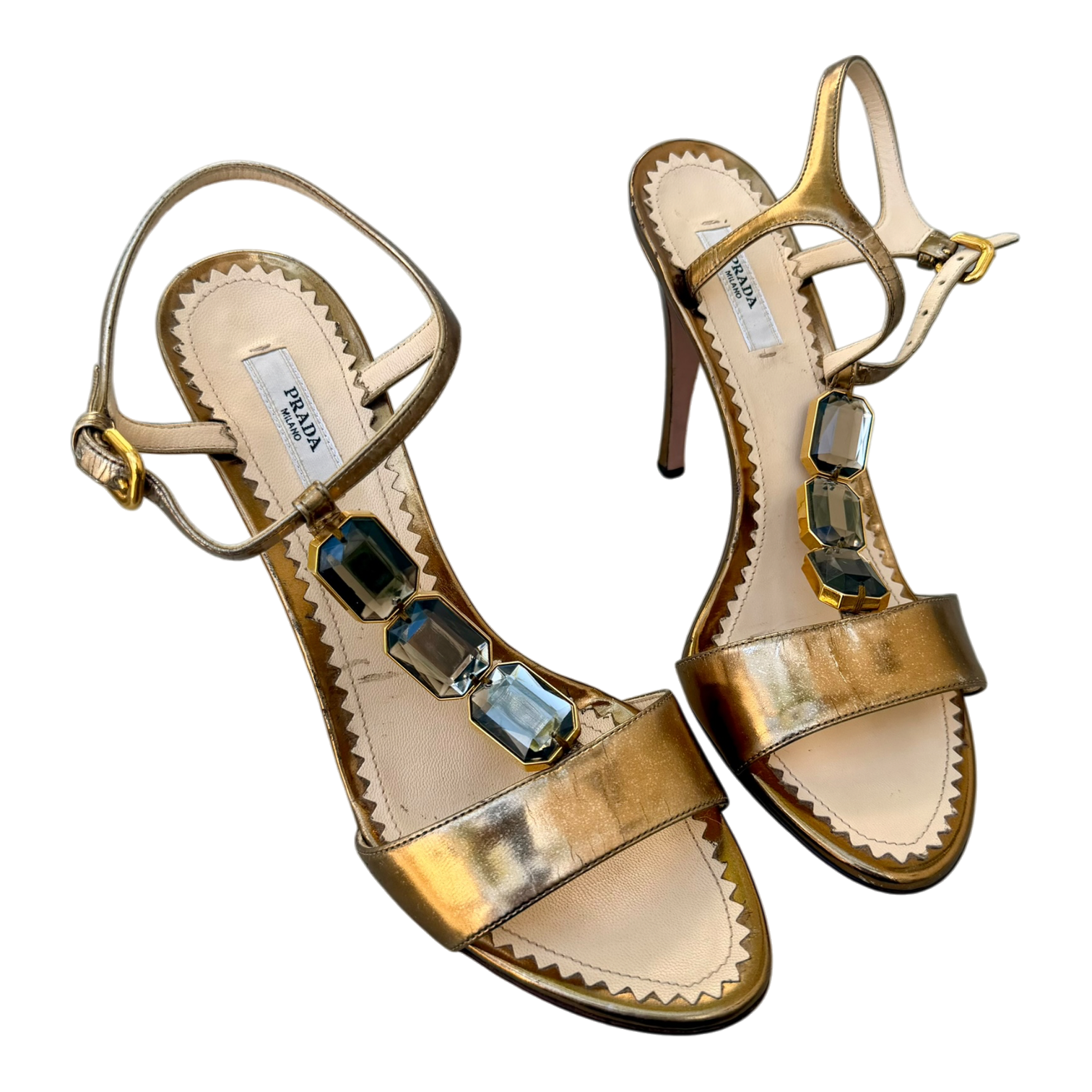 Prada Jewel Gold T-Strap Heels (7.5)