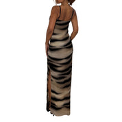 Italian Vintage Tiger Print Mesh Bodycon Maxi Dress (S/M)