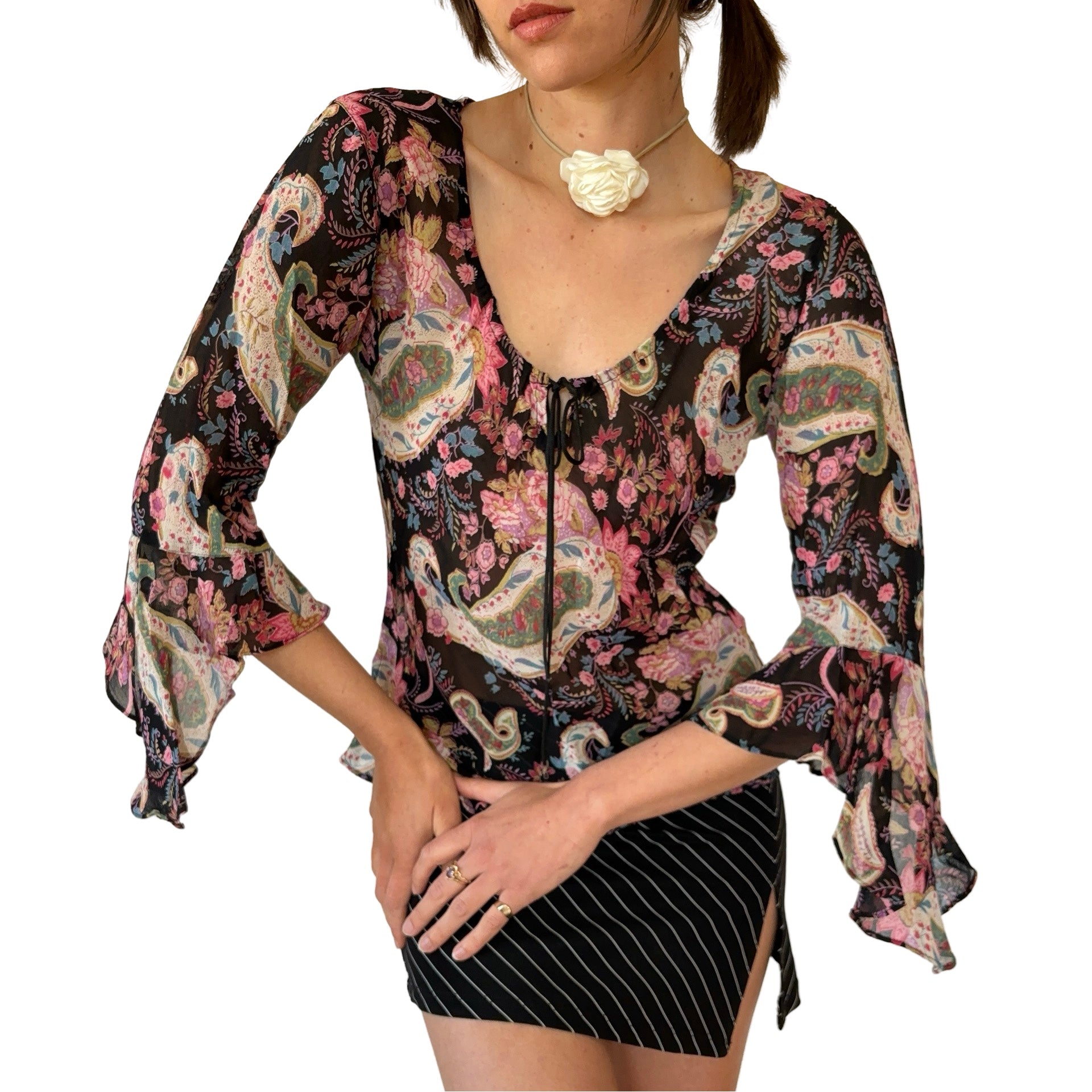 90s Floral Bell Sleeve Top (S)