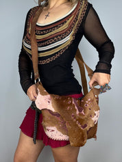 Brown & Burgundy Raw Leather Cowhide Satchel Bag